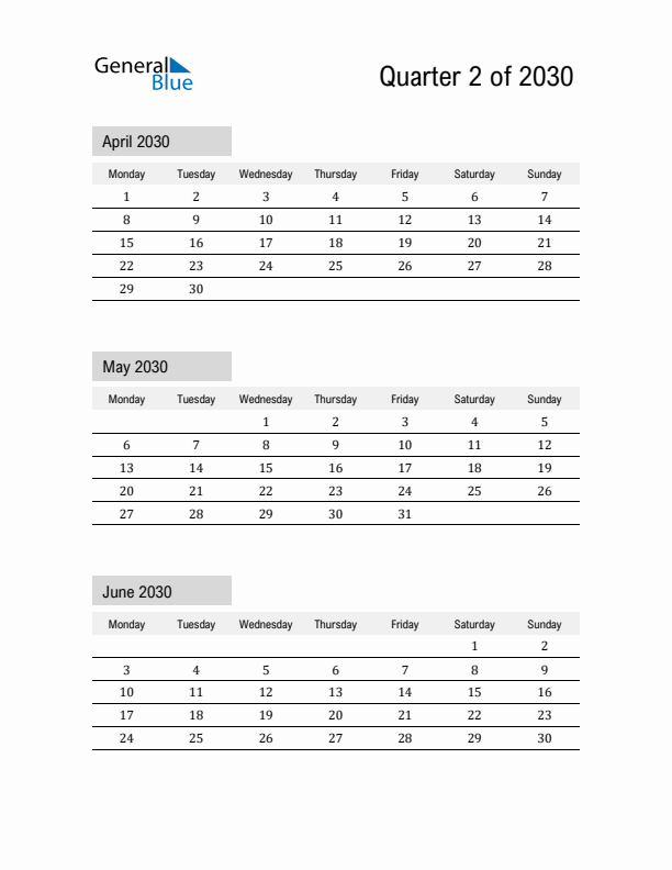 April, May, and June Calendar 2030