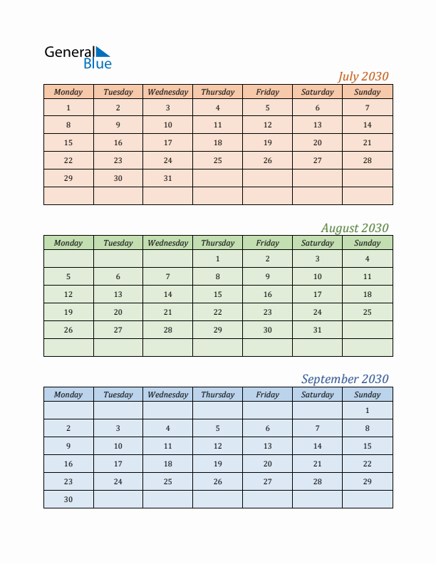 Three-Month Calendar for Year 2030 (July, August, and September)