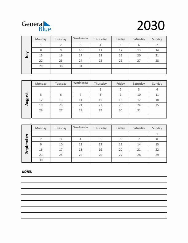 Q3 2030 Calendar with Notes