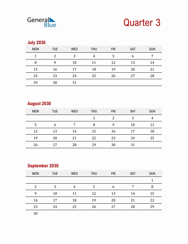 Three-Month Printable Calendar 2030