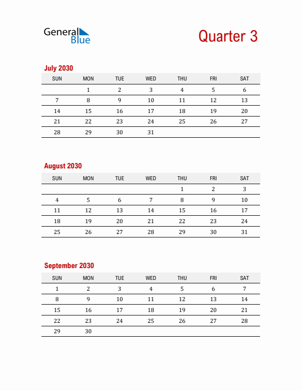 Three-Month Printable Calendar 2030