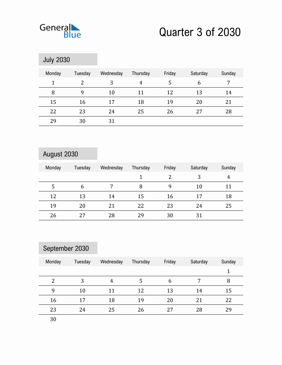 July, August, and September 2030 Calendar Template - Monday Start