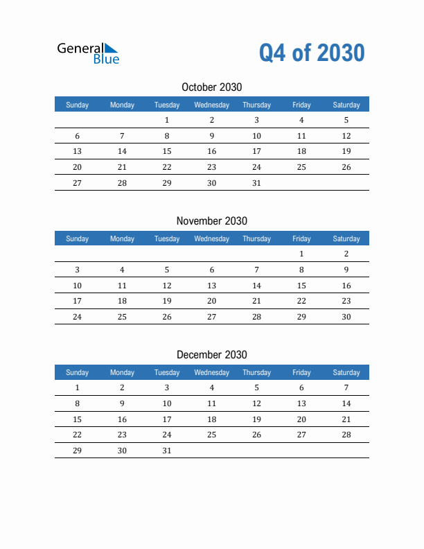 Fillable Quarterly Calendar for Q4 2030