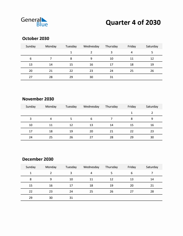 2030 Three-Month Calendar (Quarter 4)