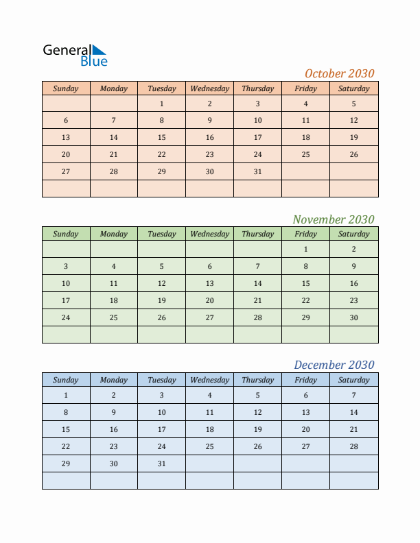 Three-Month Calendar for Year 2030 (October, November, and December)