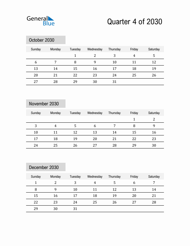 October, November, and December Calendar 2030