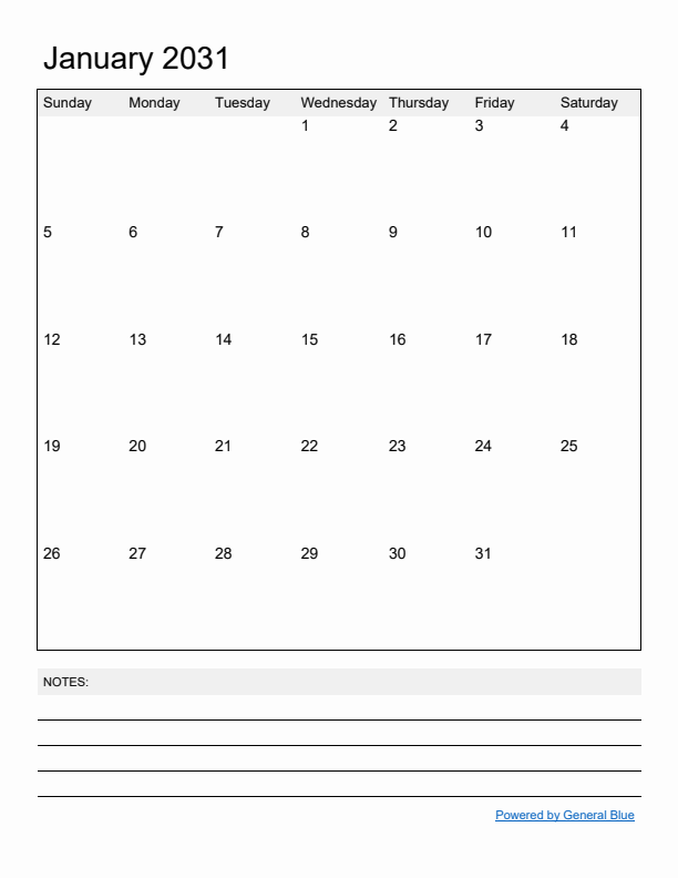 Basic Monthly Calendar Template for January 2031