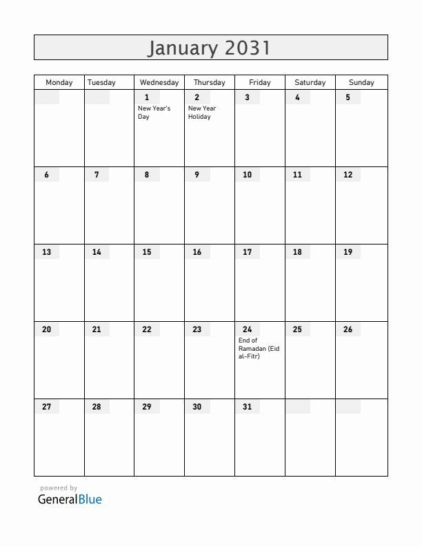 Albania January 2031 Calendar with Holidays