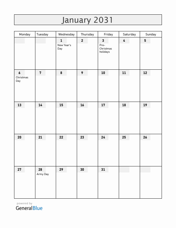 Armenia January 2031 Calendar with Holidays