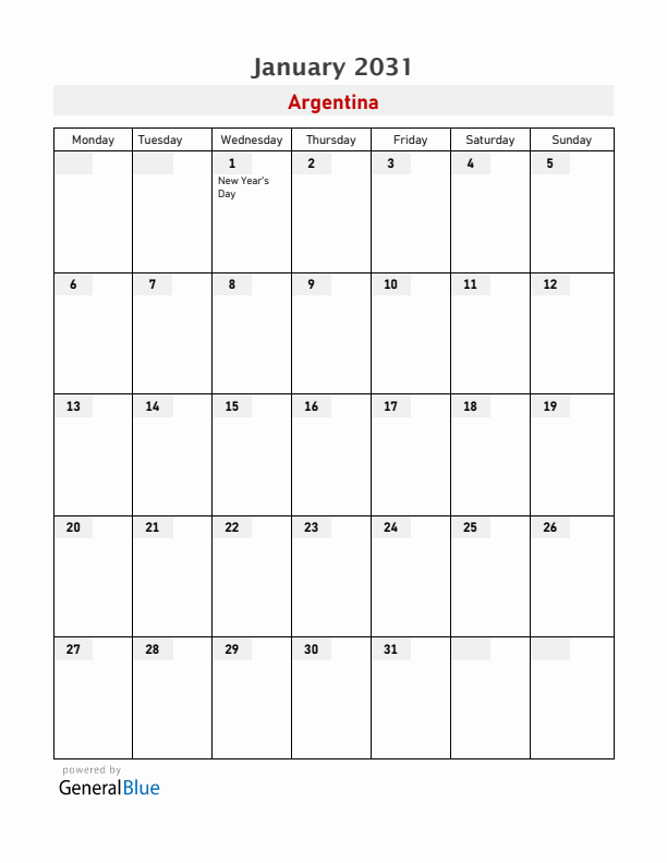 Argentina January 2031 Calendar with Holidays