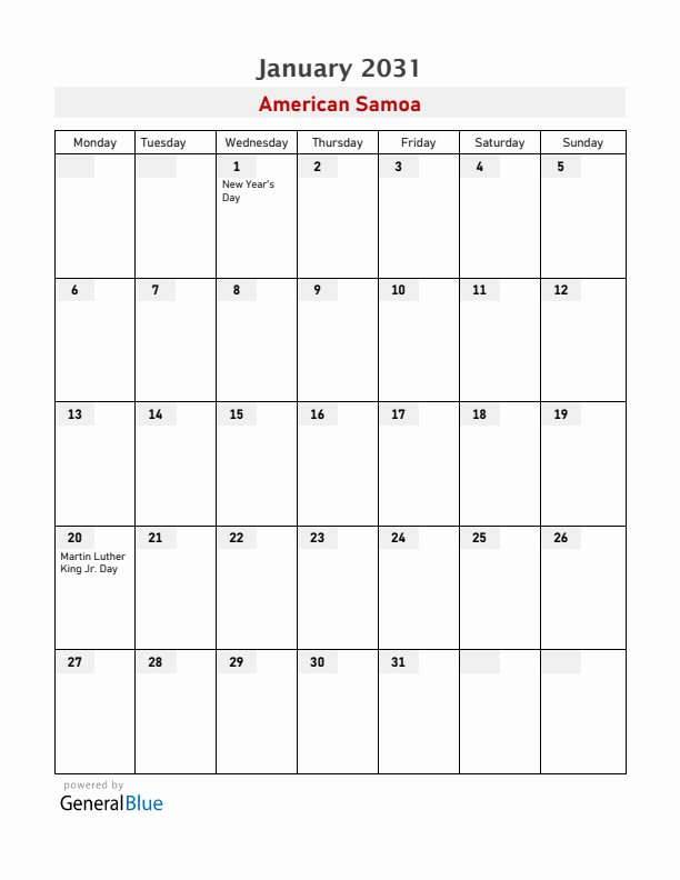 American Samoa January 2031 Calendar with Holidays