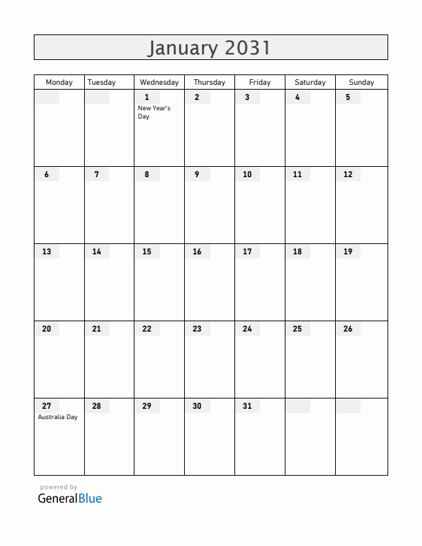 Australia January 2031 Calendar with Holidays