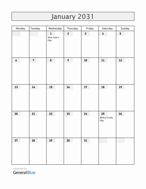 Aruba January 2031 Calendar with Holidays