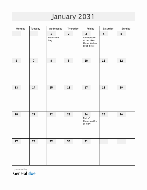 Burkina Faso January 2031 Calendar with Holidays