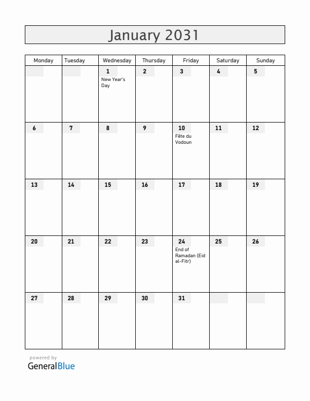 Benin January 2031 Calendar with Holidays