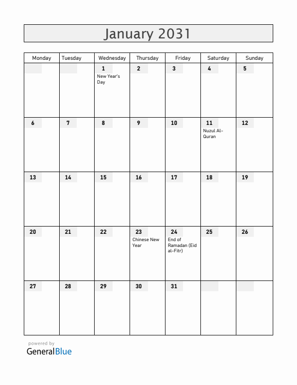 Brunei January 2031 Calendar with Holidays