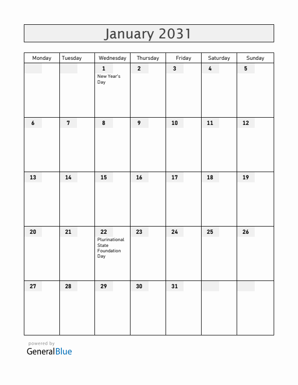 Bolivia January 2031 Calendar with Holidays