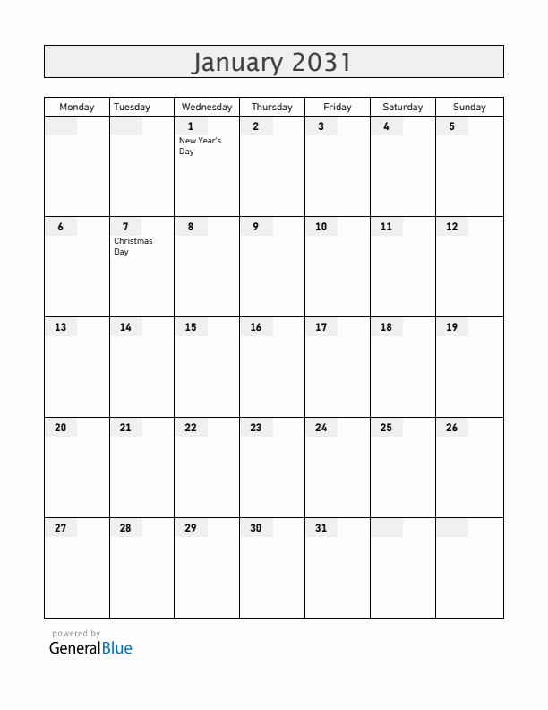 Belarus January 2031 Calendar with Holidays