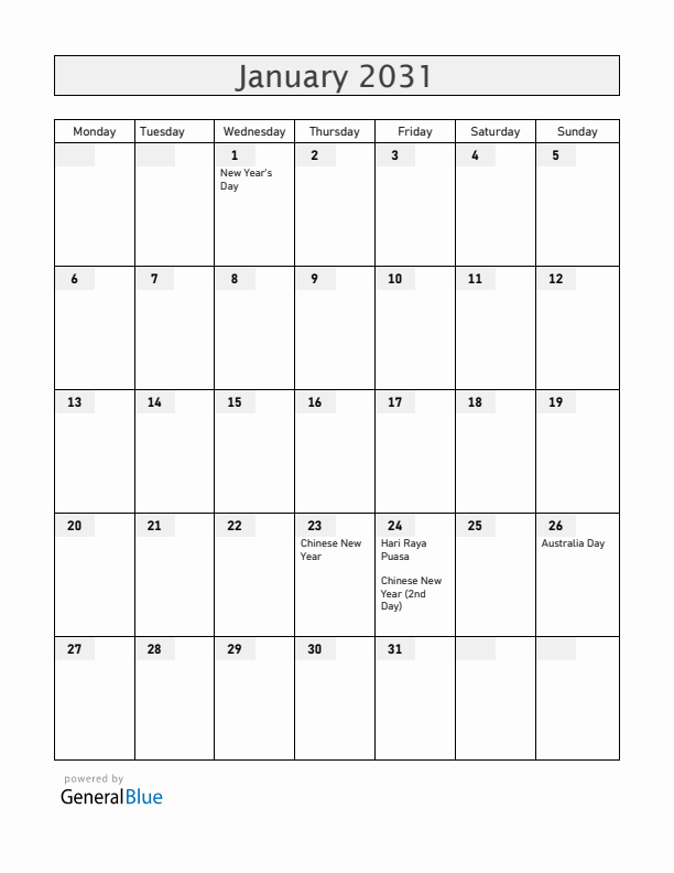 Cocos Islands January 2031 Calendar with Holidays