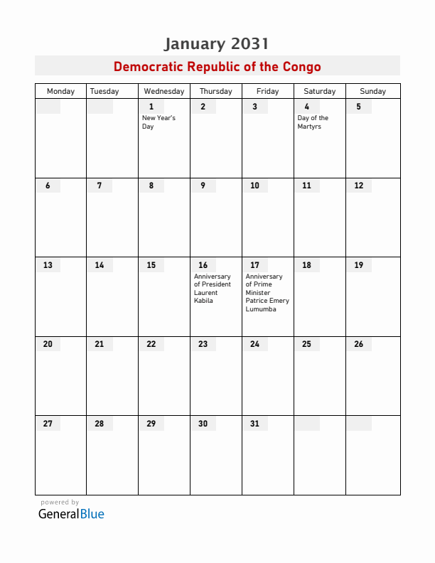 Democratic Republic of the Congo January 2031 Calendar with Holidays