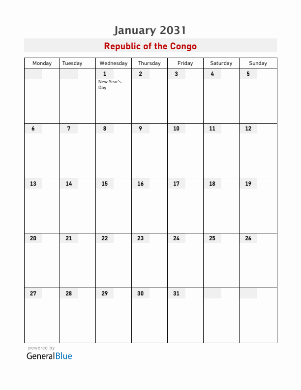 Republic of the Congo January 2031 Calendar with Holidays