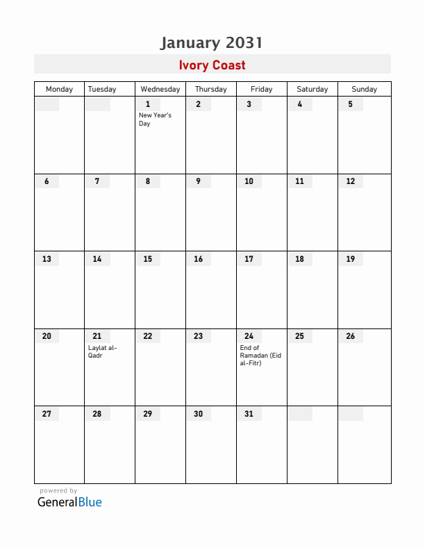 Ivory Coast January 2031 Calendar with Holidays