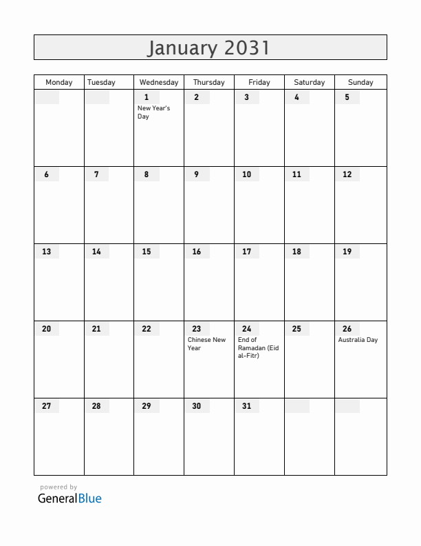 Christmas Island January 2031 Calendar with Holidays
