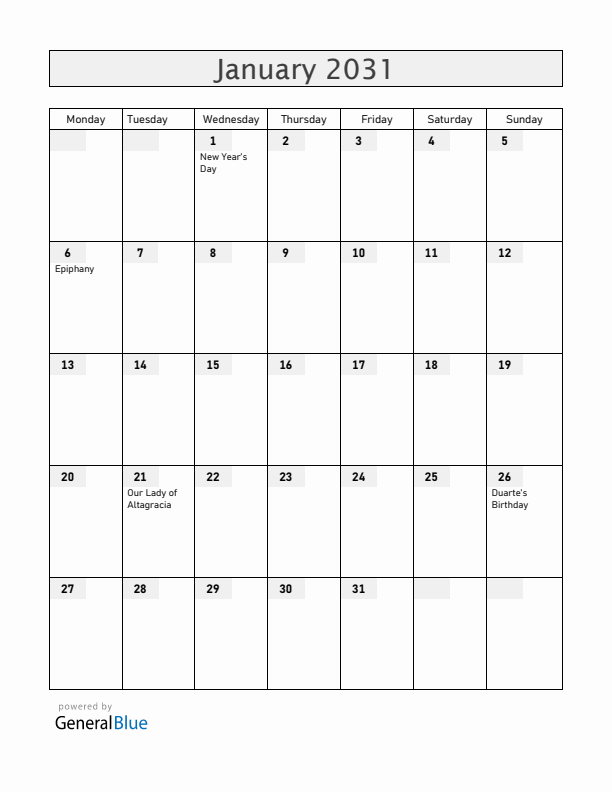 Dominican Republic January 2031 Calendar with Holidays