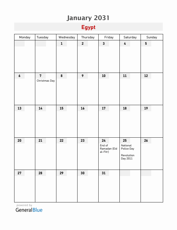 Egypt January 2031 Calendar with Holidays