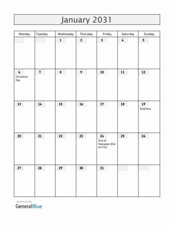 Ethiopia January 2031 Calendar with Holidays