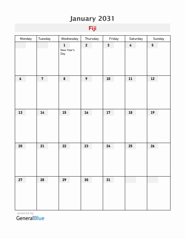 Fiji January 2031 Calendar with Holidays
