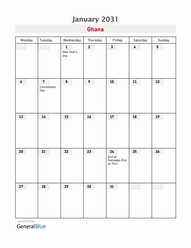 Ghana January 2031 Calendar with Holidays