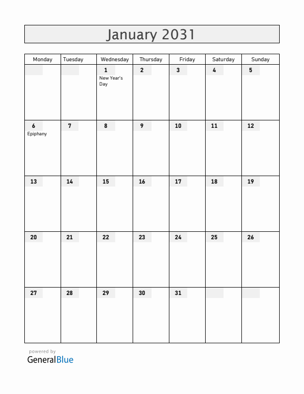 Greenland January 2031 Calendar with Holidays