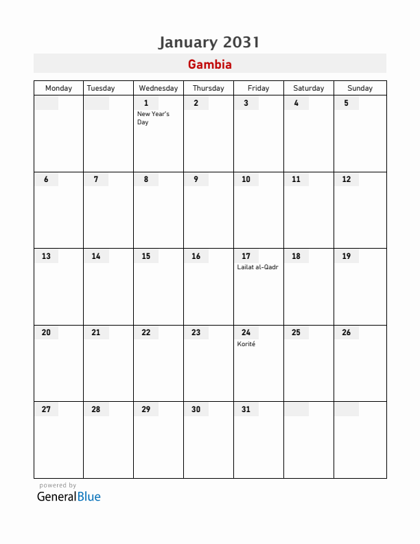 Gambia January 2031 Calendar with Holidays