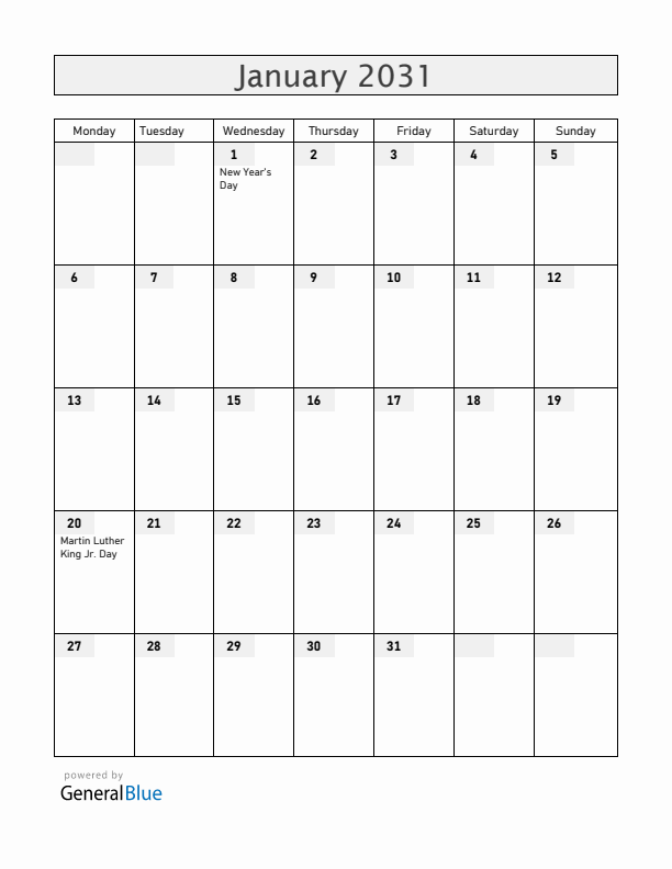 Guam January 2031 Calendar with Holidays