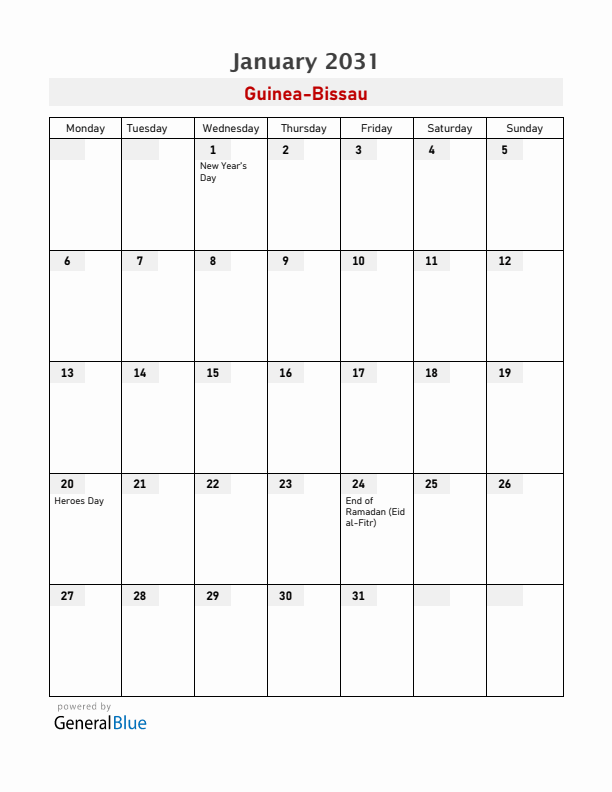 Guinea-Bissau January 2031 Calendar with Holidays
