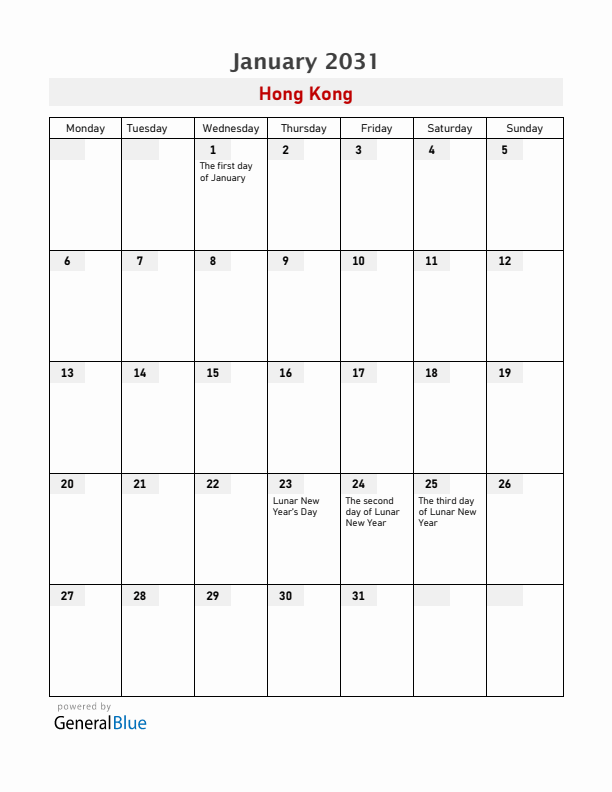 Hong Kong January 2031 Calendar with Holidays