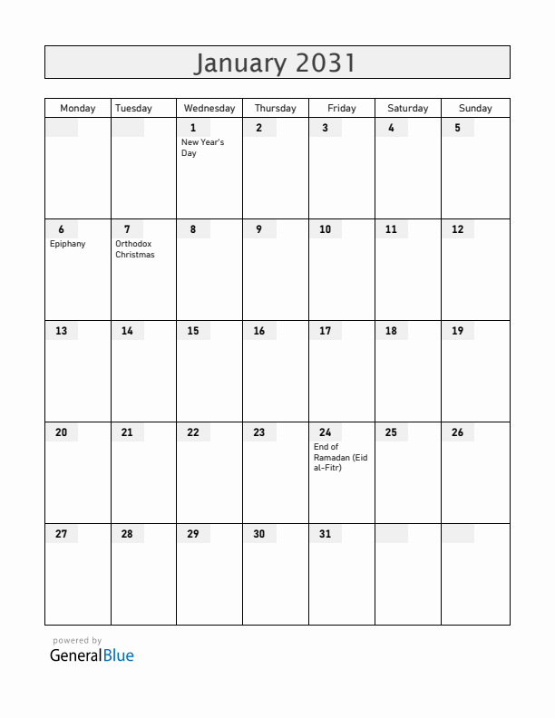 Croatia January 2031 Calendar with Holidays