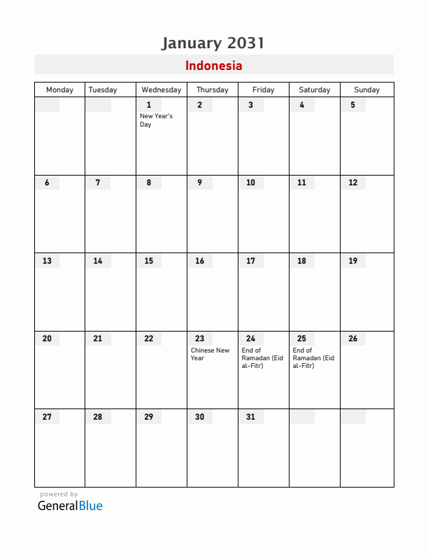 Indonesia January 2031 Calendar with Holidays
