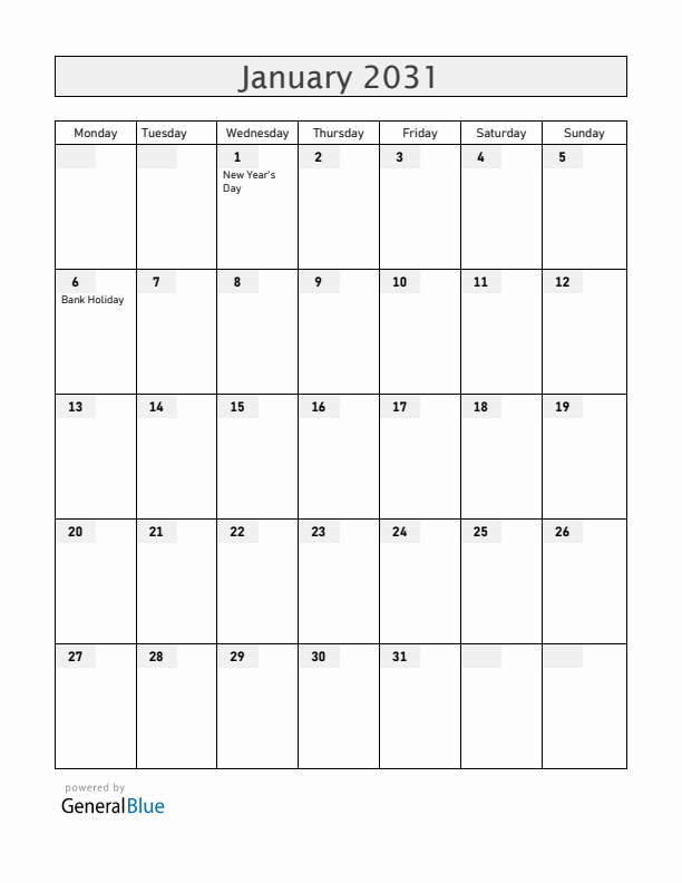 Ireland January 2031 Calendar with Holidays