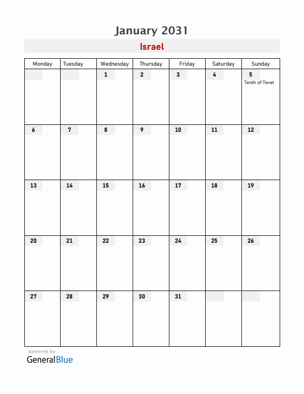 Israel January 2031 Calendar with Holidays