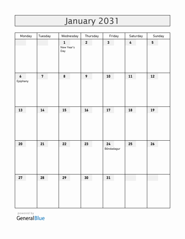 Iceland January 2031 Calendar with Holidays