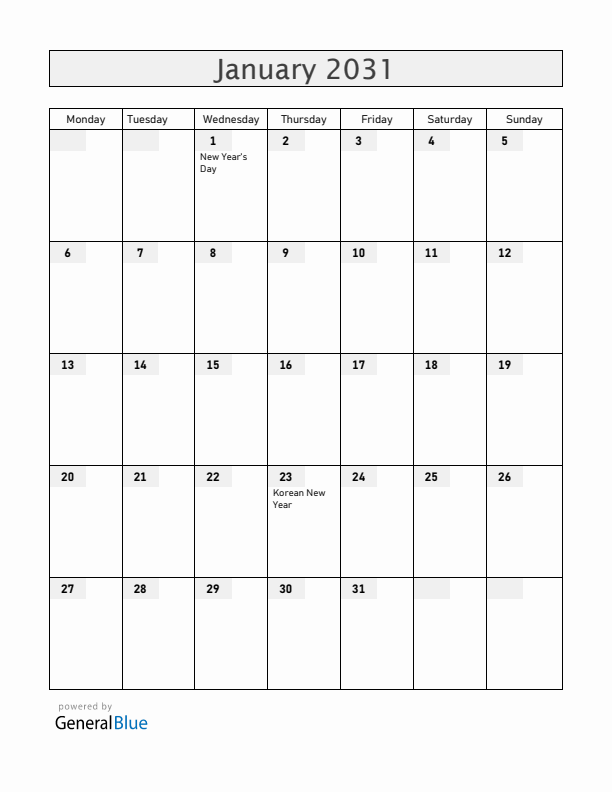 South Korea January 2031 Calendar with Holidays