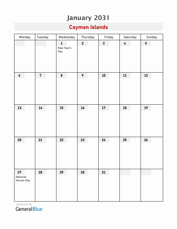 Cayman Islands January 2031 Calendar with Holidays