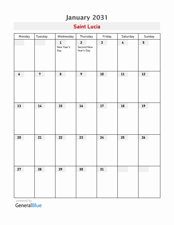 Saint Lucia January 2031 Calendar with Holidays