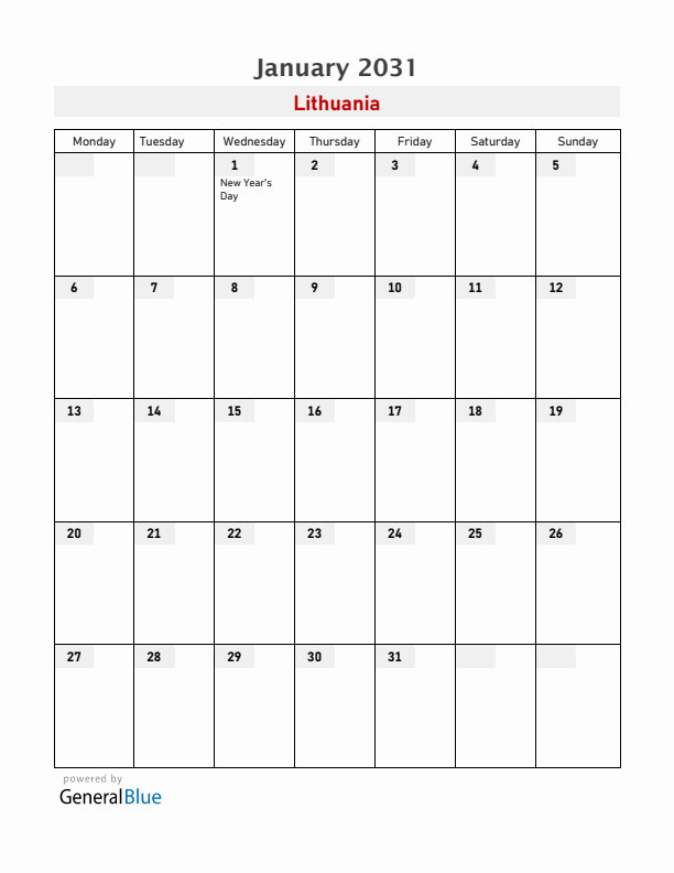 Lithuania January 2031 Calendar with Holidays