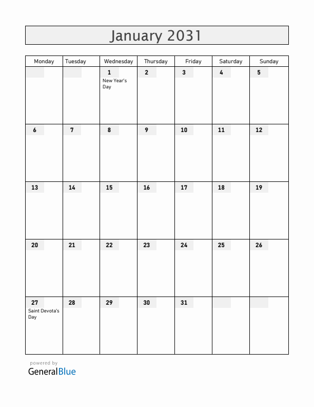 Monaco January 2031 Calendar with Holidays