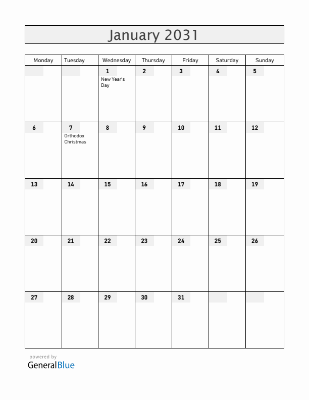 Moldova January 2031 Calendar with Holidays