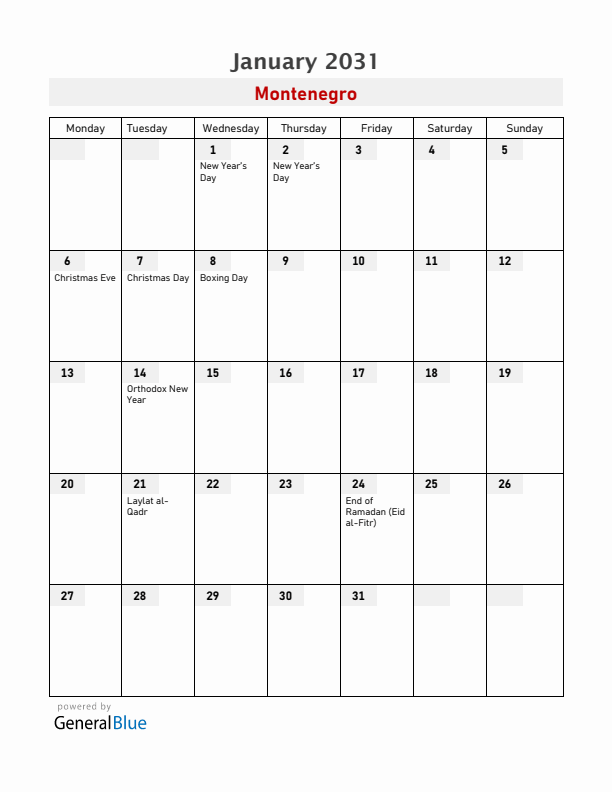 Montenegro January 2031 Calendar with Holidays