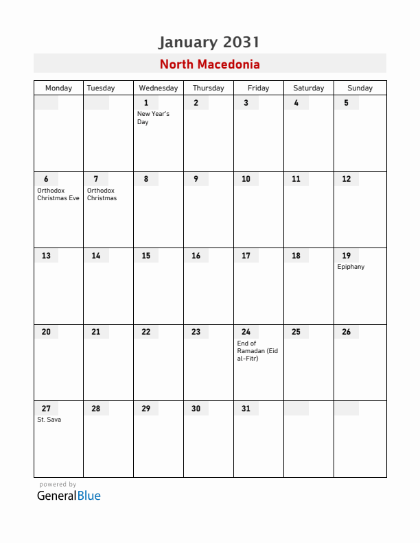 North Macedonia January 2031 Calendar with Holidays